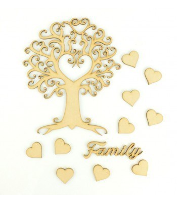 Laser Cut Swirls with Heart Tree Design with Hearts & Family Word - Family Tree Kit 2